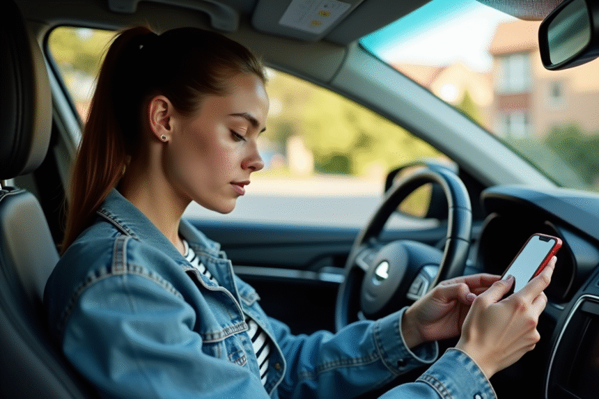 Jeune femme dans une voiture en train d'utiliser son smartphone