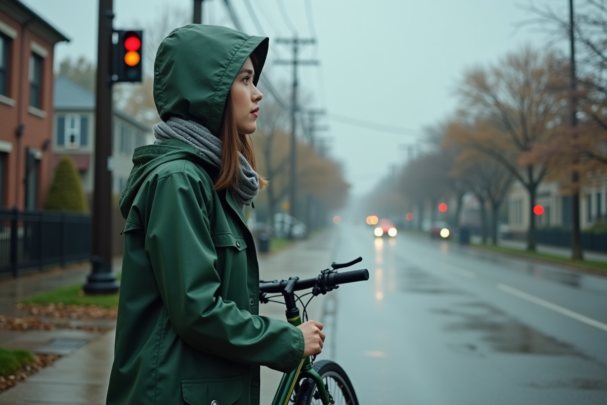 Jeune femme avec vélo regardant le feu orange clignotant