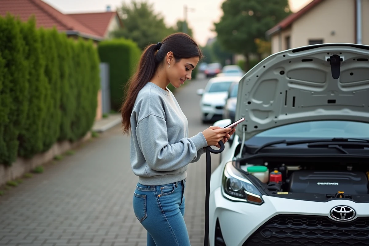 Jeune femme vérifiant une courroie de distribution devant sa voiture