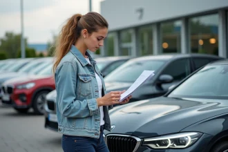 Jeune femme examine un document près d'une voiture neuve