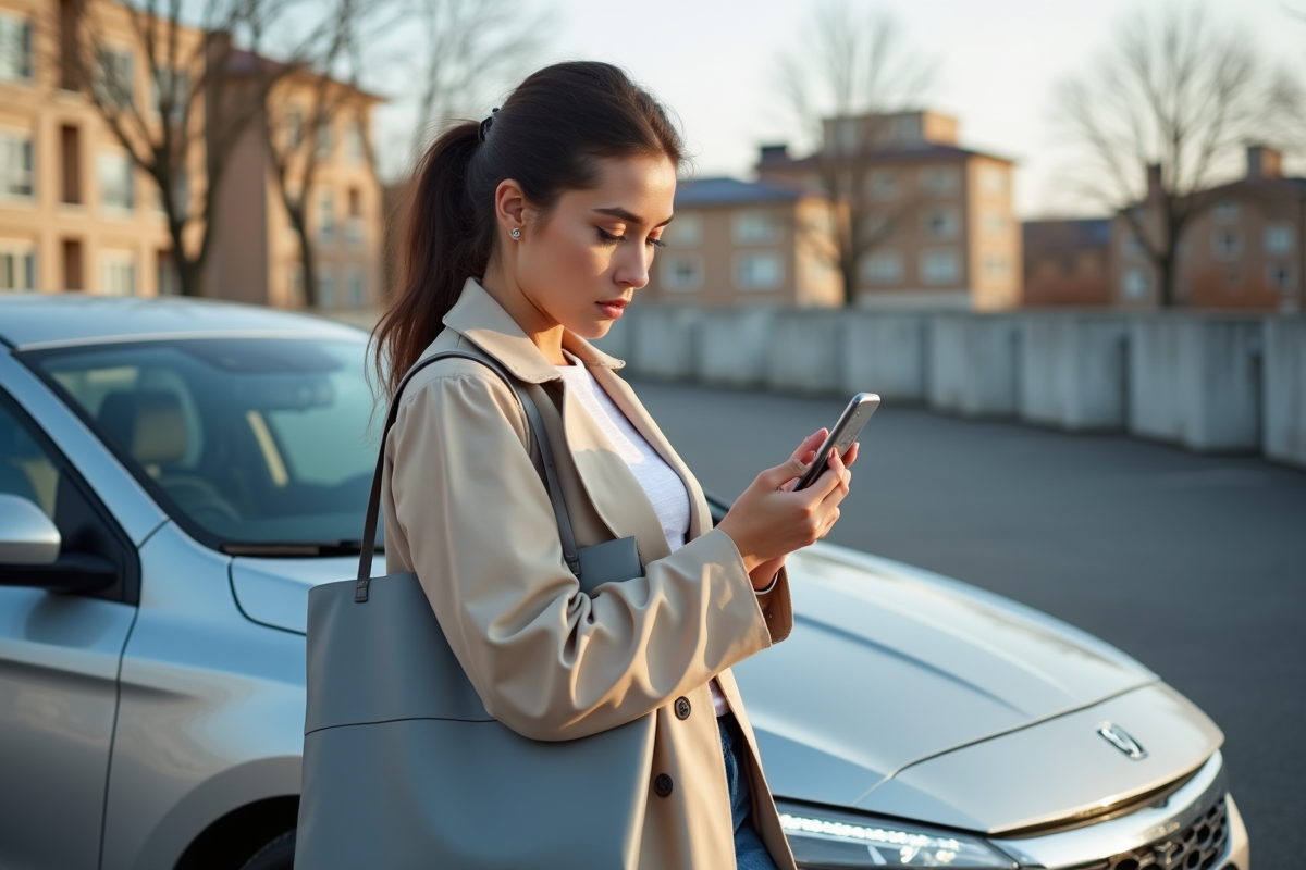 Jeune femme en trench coat scannant un QR code près de sa voiture