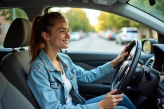 Jeune femme souriante dans sa voiture en conduite