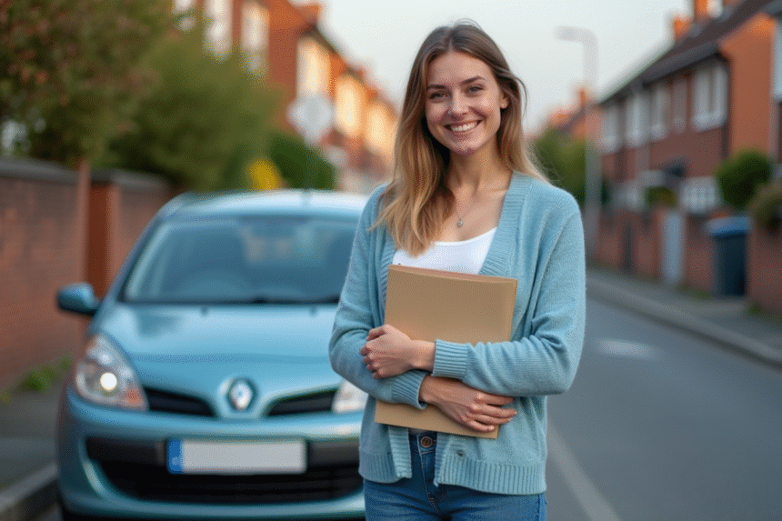 Jeune femme souriante avec voiture en ville