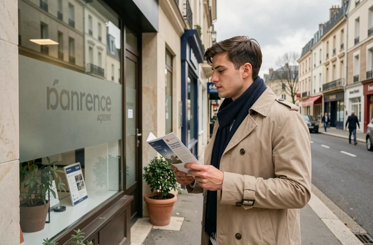 Jeune homme devant une agence d'assurance auto consultant un brochure dans une rue de Drancy
