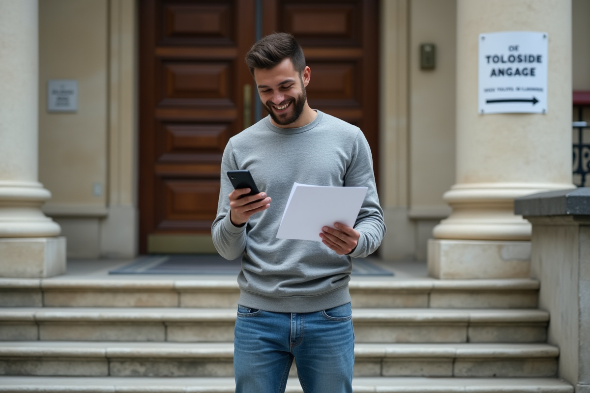Jeune homme français sortant d’un bâtiment officiel avec lettre 48N