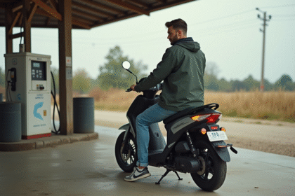 Jeune homme vérifiant le niveau d'essence sur une moto en campagne