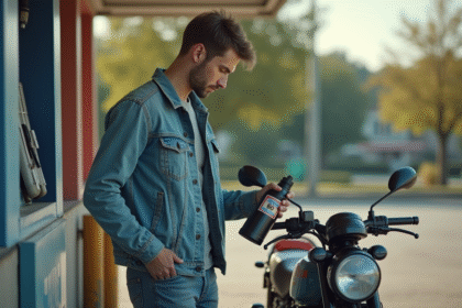 Jeune homme vérifiant le prix du carburant à la station