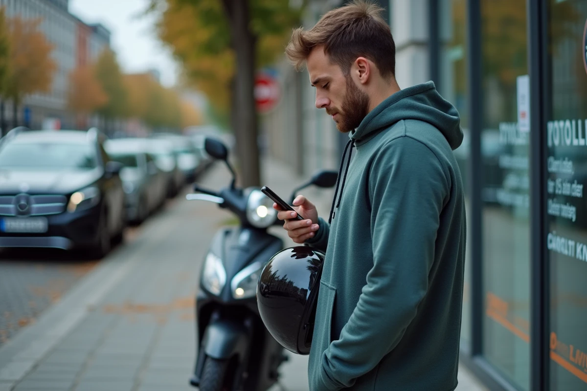 Jeune homme consultant son smartphone devant un centre de contrôle technique avec son scooter garé sur le trottoir