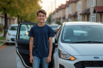 Jeune garçon souriant à côté d'une voiture moderne dans un quartier résidentiel