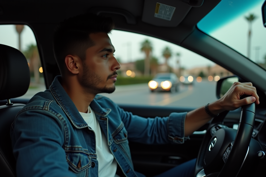 Jeune homme latino dans une voiture la nuit