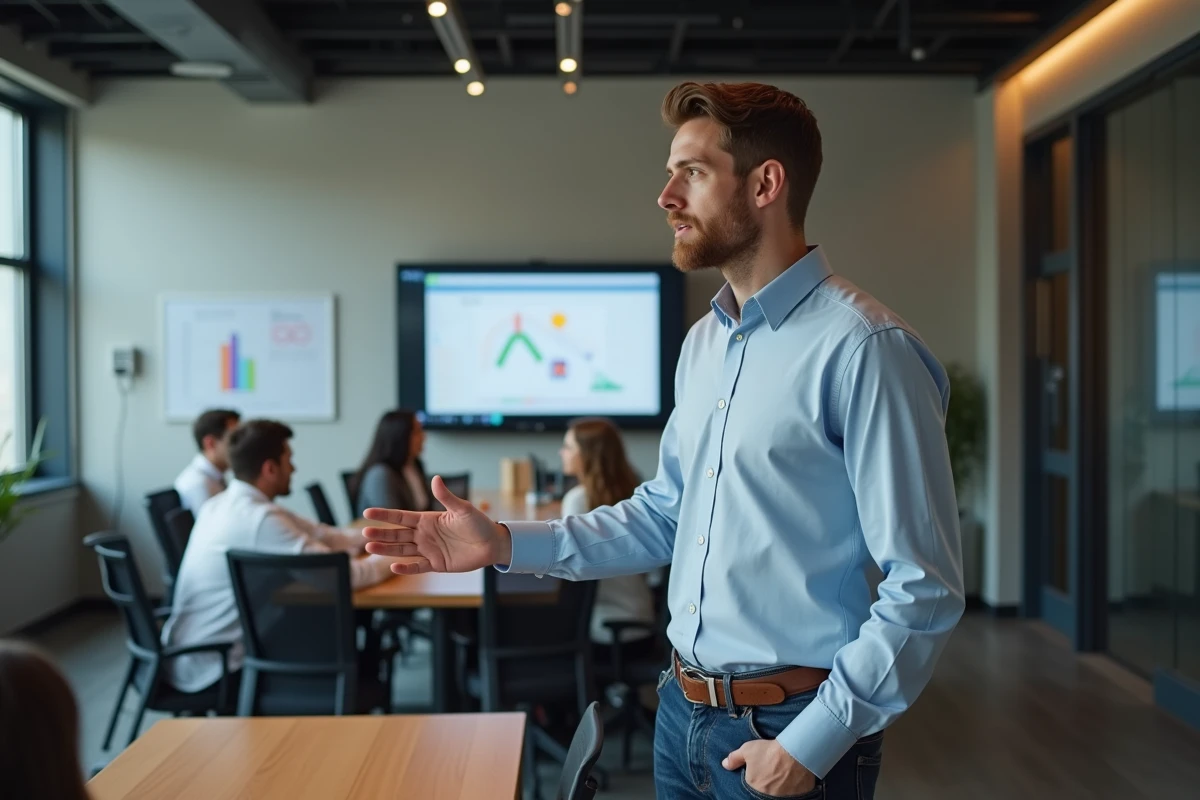 Jeune spécialiste informatique expliquant migration logiciel à une équipe