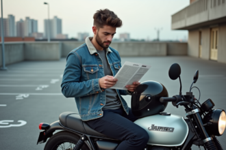 Jeune homme en moto avec manuel dans un parking urbain