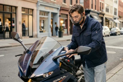 Jeune conducteur en veste marine inspectant une Yamaha R7 garée en ville, guide d'achat moto pour jeunes permis 2026