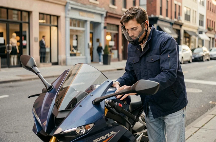 Jeune conducteur en veste marine inspectant une Yamaha R7 garée en ville, guide d'achat moto pour jeunes permis 2026