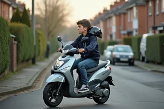 Jeune garçon de 14 ans sur un scooter moderne en rue calme