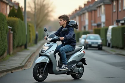 Jeune garçon de 14 ans sur un scooter moderne en rue calme