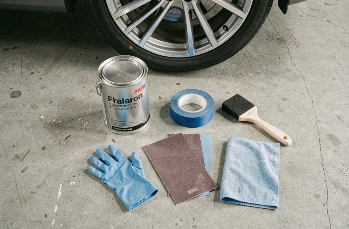Kit d'outils pour appliquer une peinture aluminium sur jante sans démonter la roue posés sur sol béton