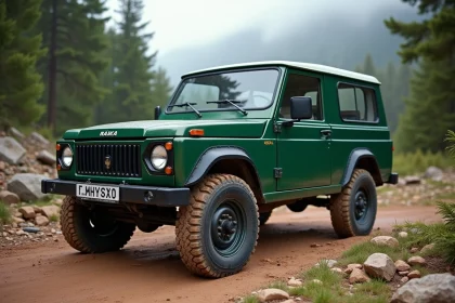 Nouveau Lada Niva 4x4 vert métallisé garé sur un chemin de montagne en tout-terrain