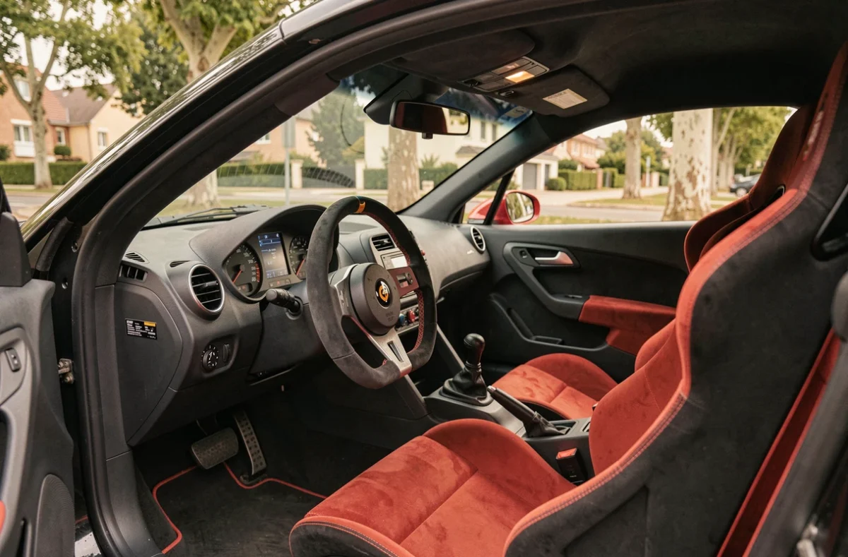 Intérieur du cockpit de la Ligier JS60 Sport Ultimate avec tableau de bord numérique et sièges sport bicolores