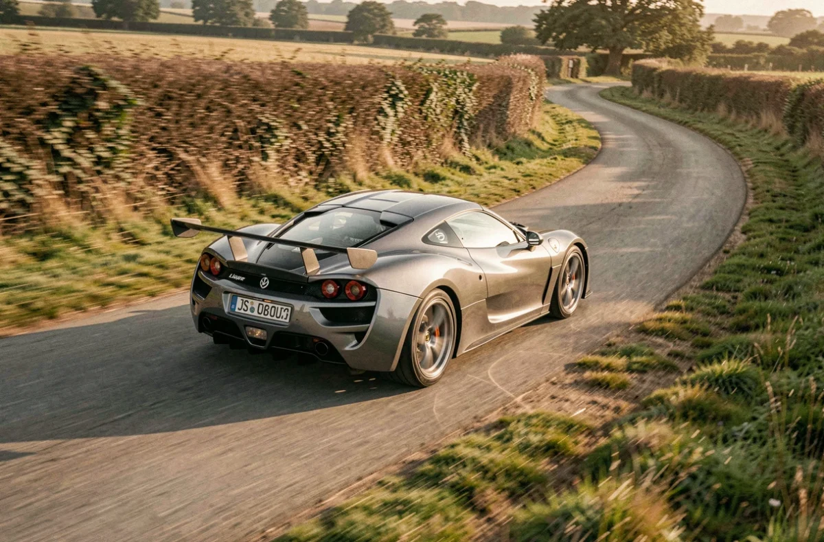 Ligier JS60 Sport Ultimate grise en mouvement sur une route de campagne française, vue arrière trois quarts dynamique