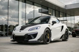 Ligier JS60 Sport Ultimate blanche garée devant un showroom automobile moderne, vue trois quarts avant