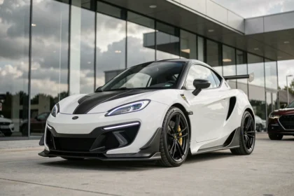 Ligier JS60 Sport Ultimate blanche garée devant un showroom automobile moderne, vue trois quarts avant