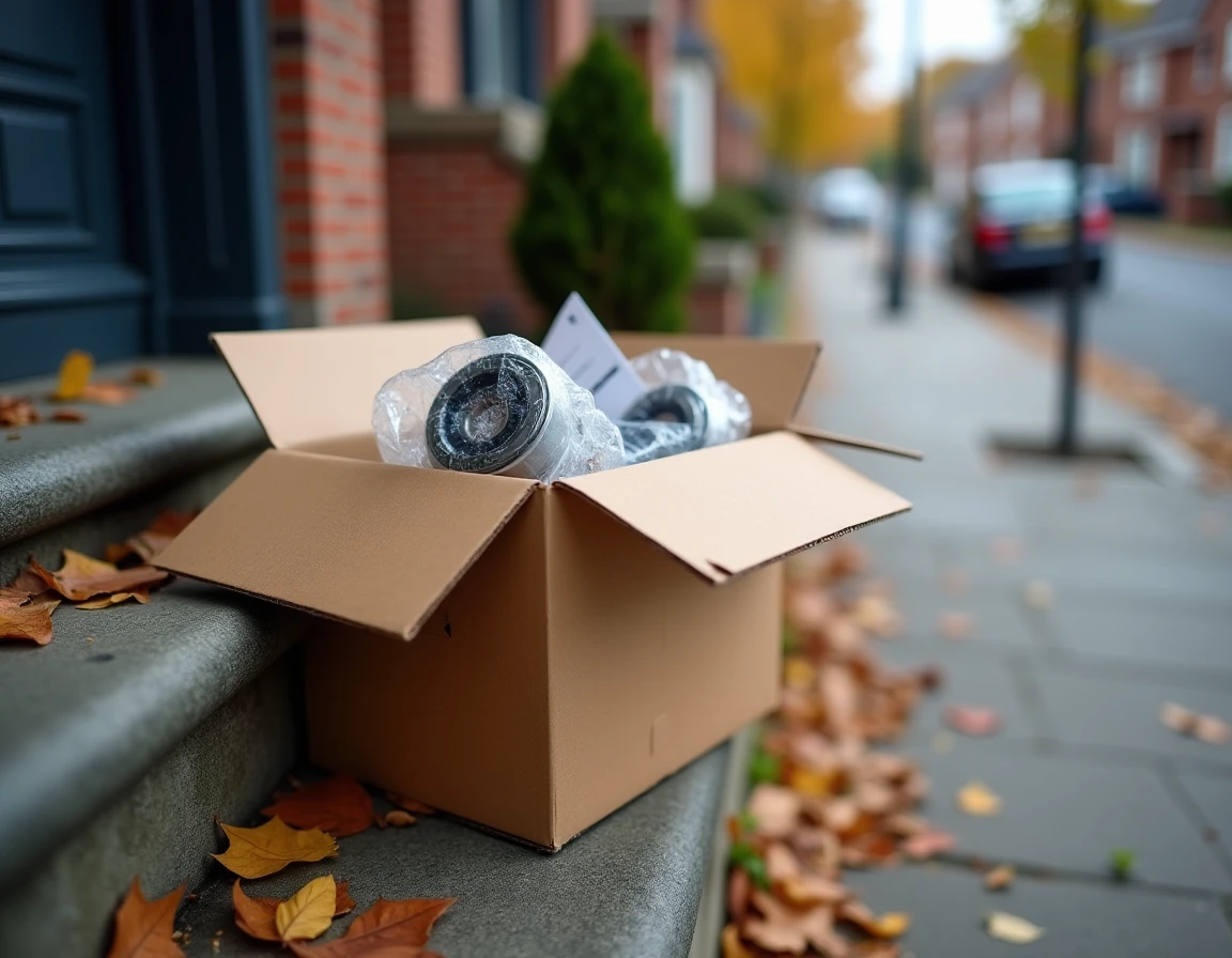 Livraison à domicile d'une pièce automobile commandée en ligne, carton ouvert révélant un composant mécanique emballé soigneusement