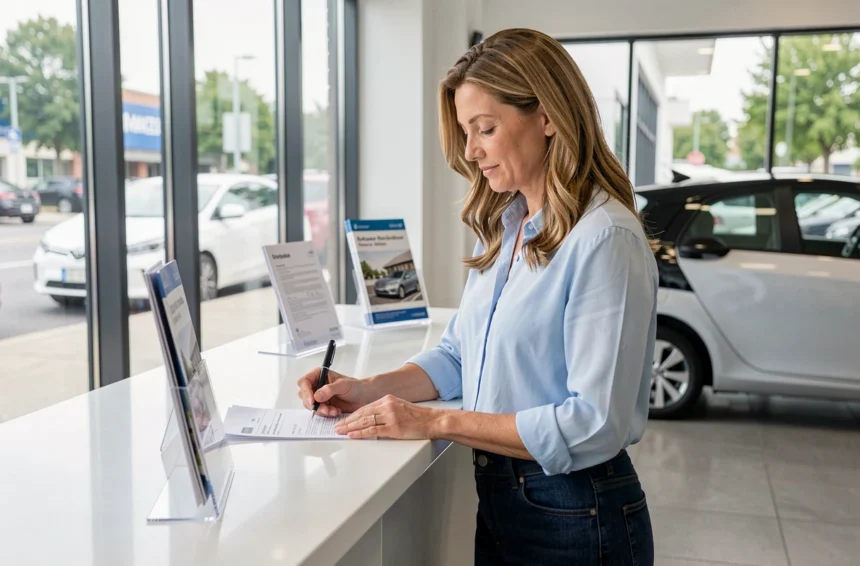 Femme signant un contrat de location de voiture sans permis dans une agence moderne