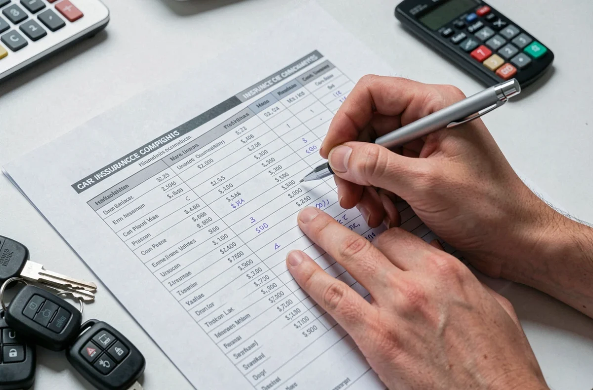 Mains annotant un tableau comparatif de devis d'assurance auto imprimé sur un bureau avec des clés de voiture