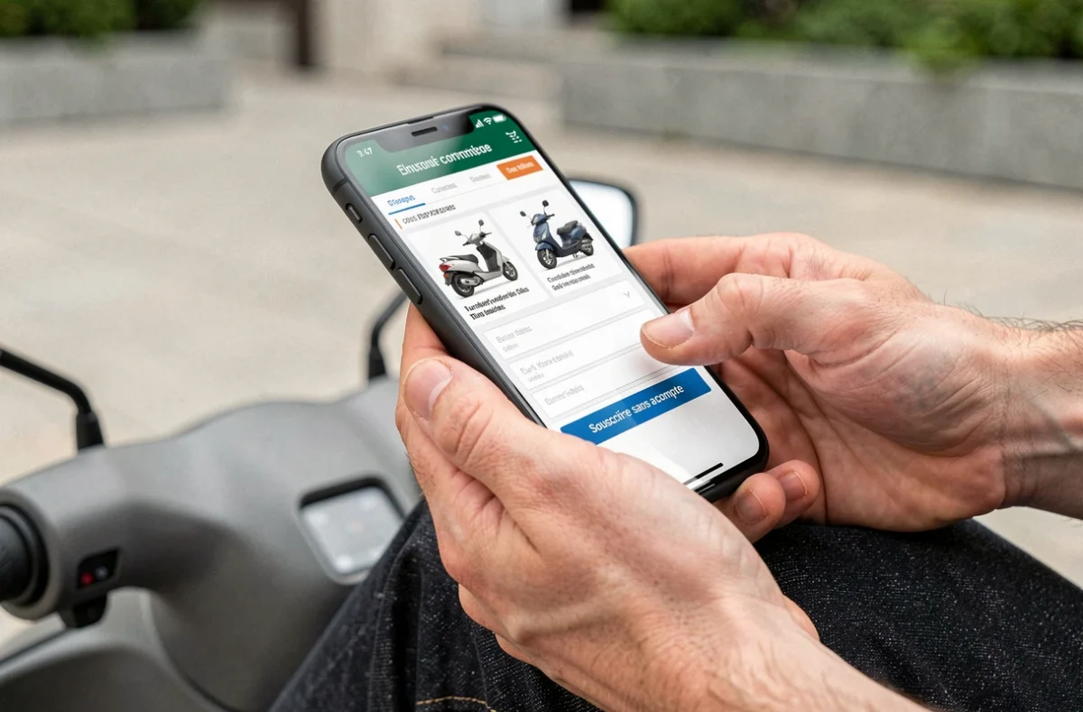 Mains tenant un smartphone affichant un formulaire de souscription assurance scooter sans acompte