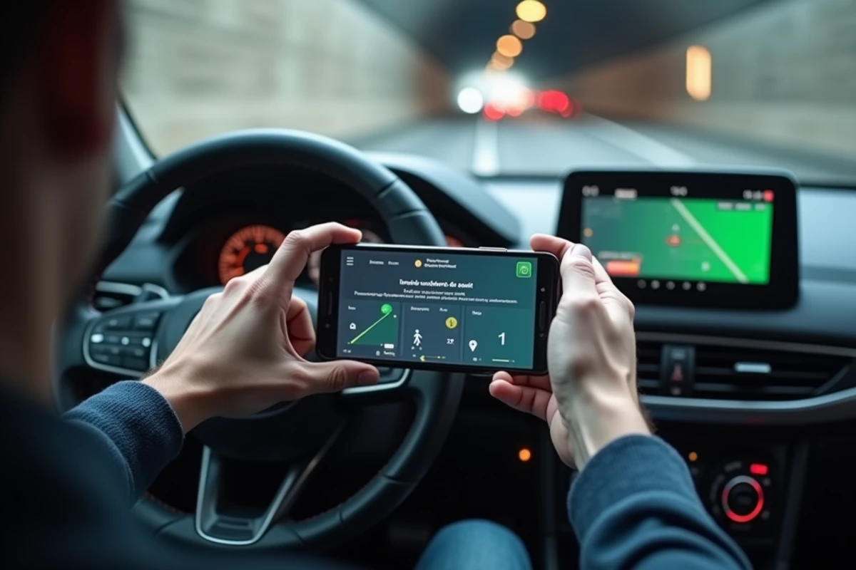 Mains sur un volant avec une application de coaching de conduite urbaine affichée sur smartphone dans l'habitacle d'une voiture en ville