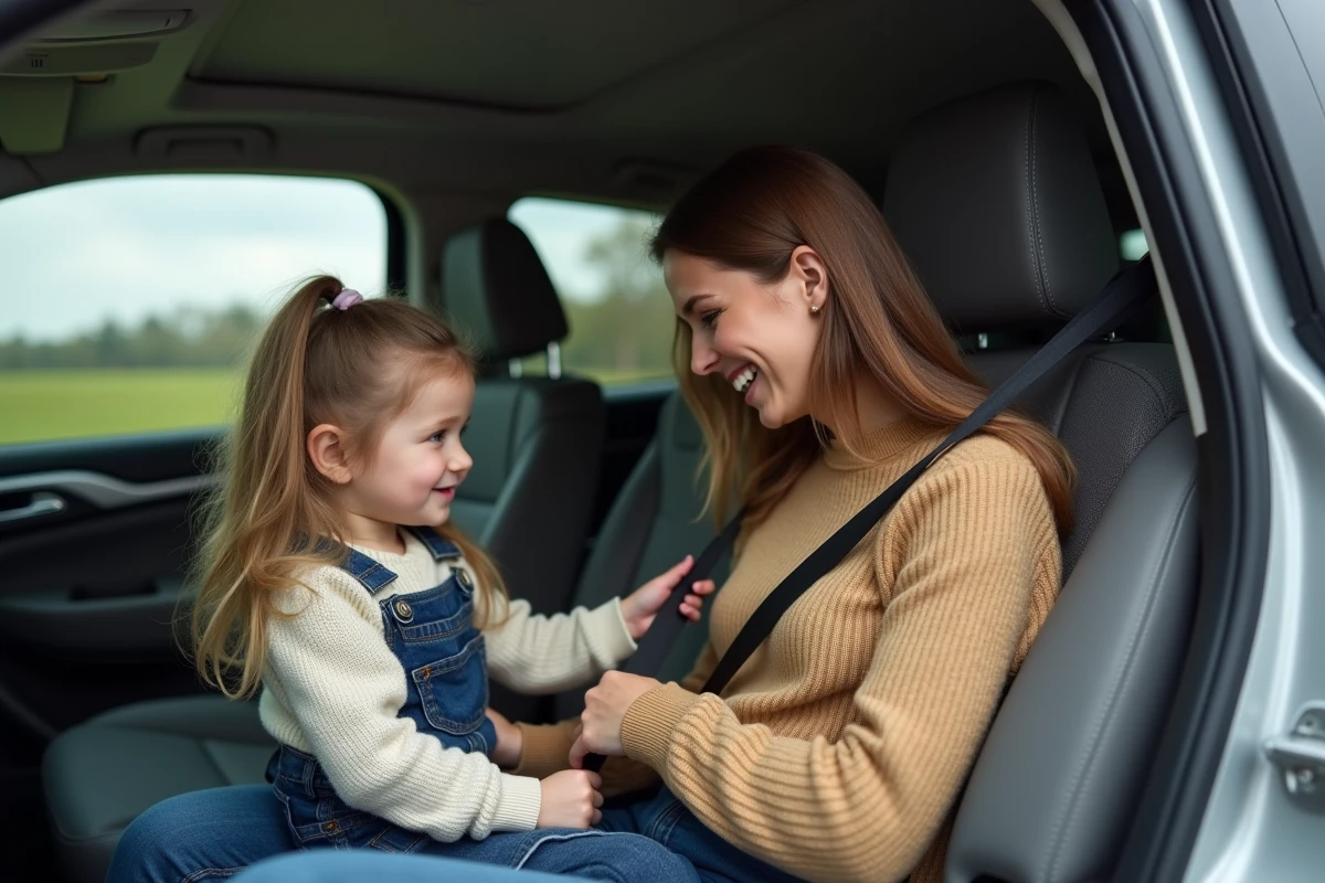 Maman aidant sa fille à attacher sa ceinture dans le SUV