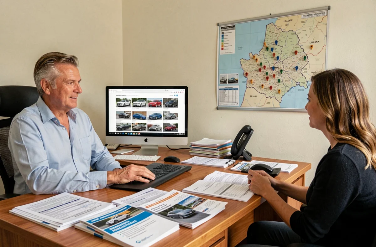 Mandataire automobile en Meurthe-et-Moselle conseillant un couple dans son bureau avec des catalogues de véhicules