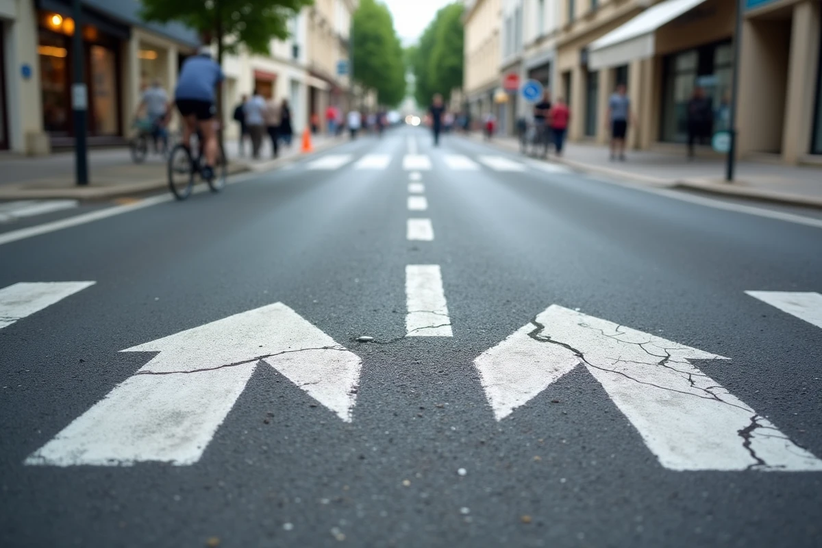 Marquage au sol signalisation priorité carrefour urbain France avec lignes blanches et flèches directionnelles