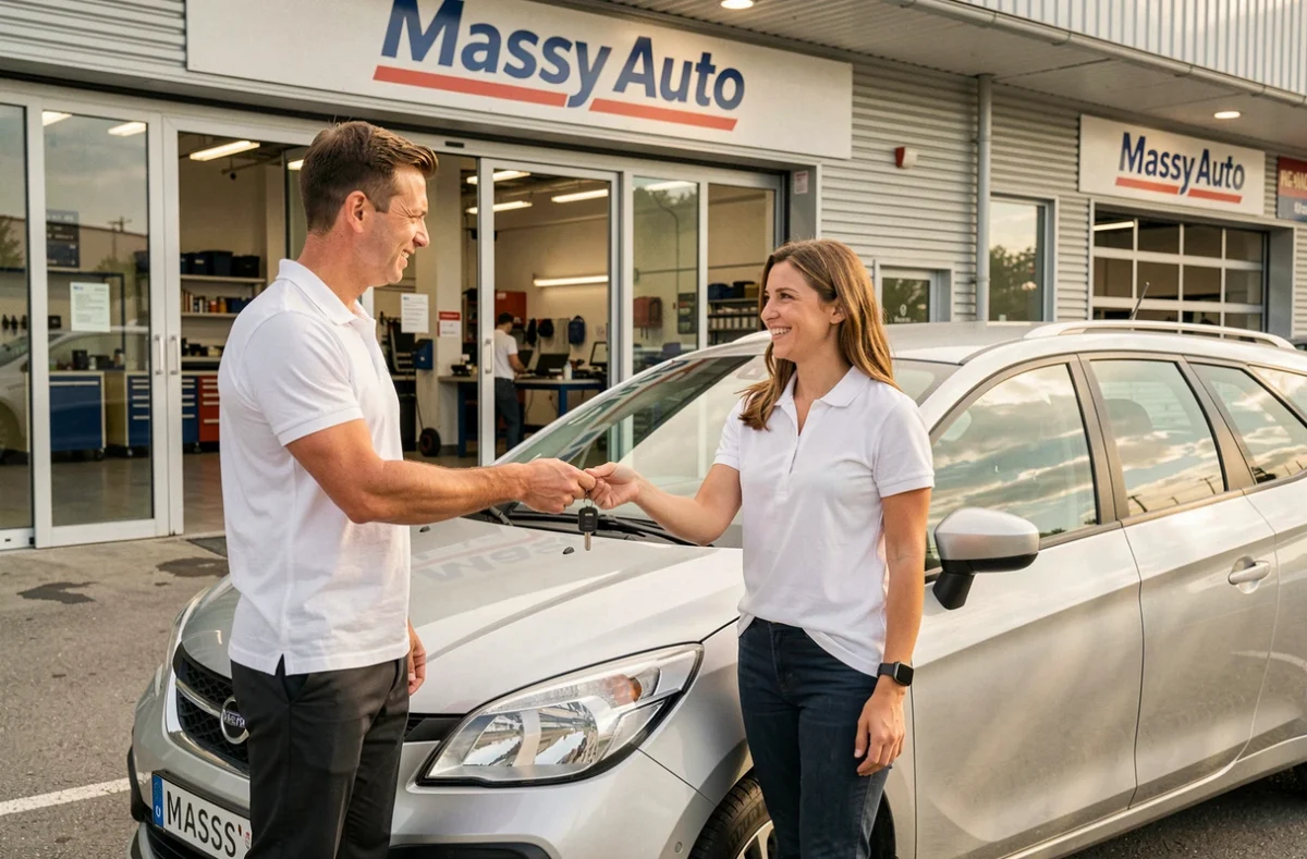Remise des clés d'une voiture réparée à une cliente satisfaite devant les locaux de Massy Auto en Isère