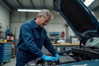 Mécanicien homme inspectant un moteur Peugeot dans un atelier
