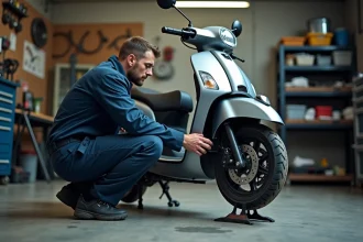 Mécanicien inspectant un scooter urbain lors d'un contrôle technique dans un atelier de garage indépendant