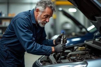 Mécanicien inspectant un injecteur diesel d'un moteur 1.6 HDi dans un atelier automobile