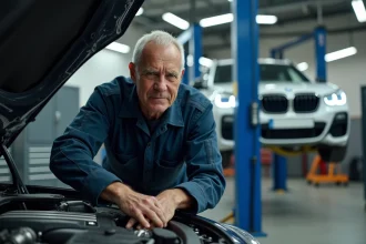 Mécanicien inspectant le moteur diesel BMW B47 dans un atelier automobile professionnel