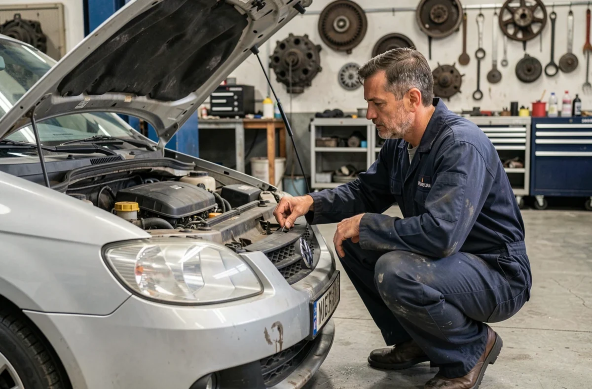 Mécanicien inspectant le moteur d'une voiture après signalement d'une panne dans un garage automobile professionnel