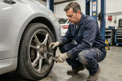 Mécanicien automobile inspectant le disque de frein et la suspension d'une voiture pour diagnostiquer des vibrations au volant