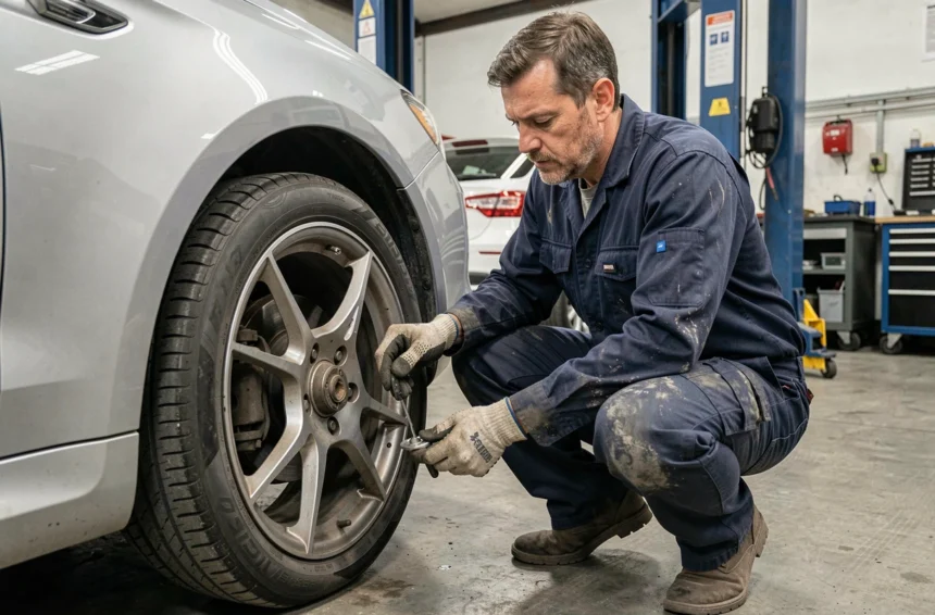 Mécanicien automobile inspectant le disque de frein et la suspension d'une voiture pour diagnostiquer des vibrations au volant