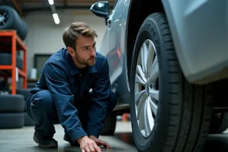 Mécanicien lisant les dimensions inscrites sur le flanc d'un pneu dans un garage automobile