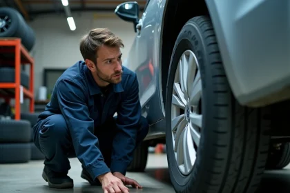 Mécanicien lisant les dimensions inscrites sur le flanc d'un pneu dans un garage automobile
