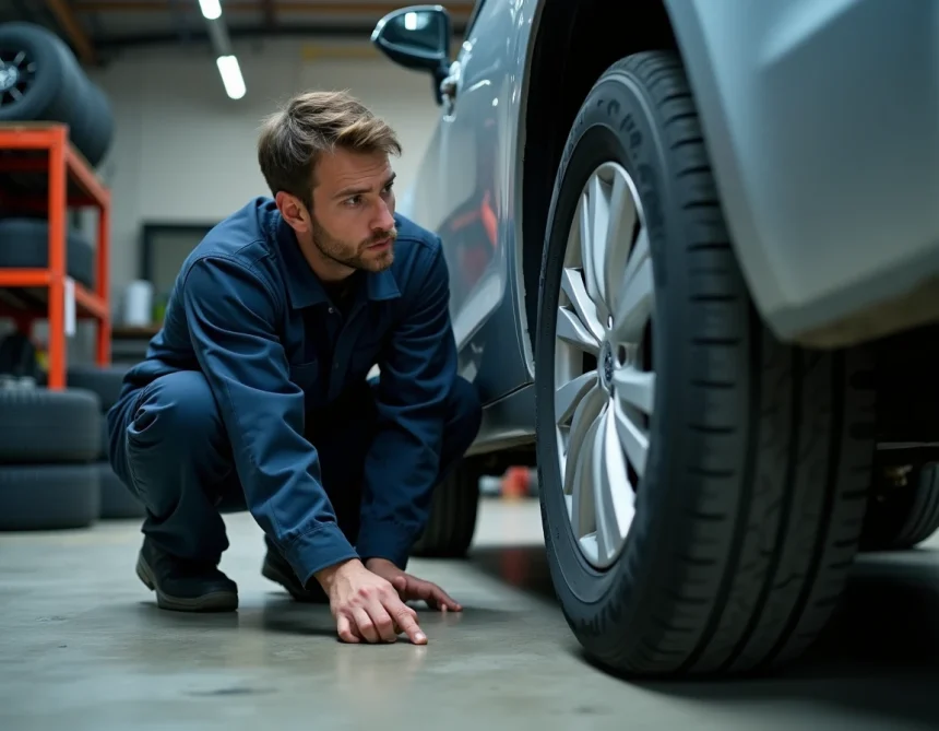 Mécanicien lisant les dimensions inscrites sur le flanc d'un pneu dans un garage automobile
