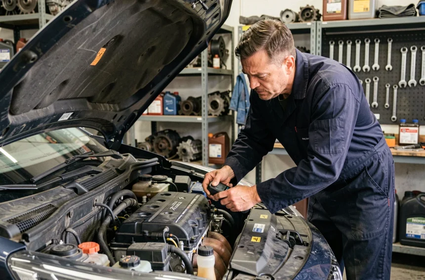 Mécanicien inspectant un moteur PureTech 3 cylindres dans un garage automobile professionnel