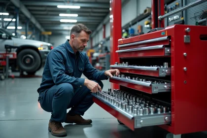 Mécanicien automobile professionnel organisant son outillage dans un atelier de réparation équipé d'un coffre à outils rouge et d'une caisse à roulettes