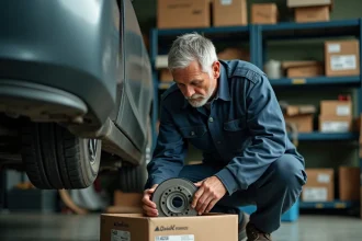 Mécanicien inspectant une pièce auto neuve dans un garage indépendant, comparant le prix d'une pièce de rechange commandée en ligne