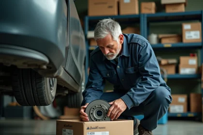 Mécanicien inspectant une pièce auto neuve dans un garage indépendant, comparant le prix d'une pièce de rechange commandée en ligne