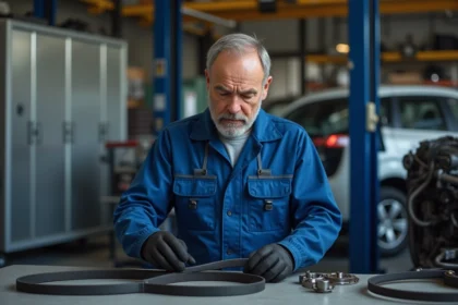 Mécanicien inspectant un kit de courroie de distribution